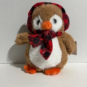 Inter American Holiday Home Penquin Plush 9.5” Soft Plaid Ear Muff Scarf NEW NWT